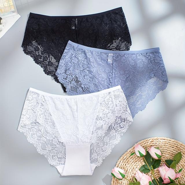 TEMU 3pcs Women's Plus Size Floral Jacquard Lace Panties Set - High Stretch Sexy Briefs With Contrast Detail, Solid Color, Lace Trim, Fit For Casual Attire, Lace Trim Panties
