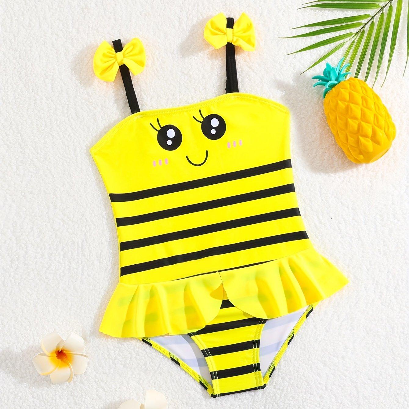 TEMU Cute Bee Prints And Girls 1pc Swimsuits Bow Adjustable Ruffle Swim Dress Children Swimwear