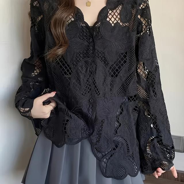 TEMU 人気の夏用レディー、NEW刺繍＆透かし編みで多機能・シックでトなデザイン感の長袖ニッチシャツ、カラー付き、上品でおしゃれにセクシー