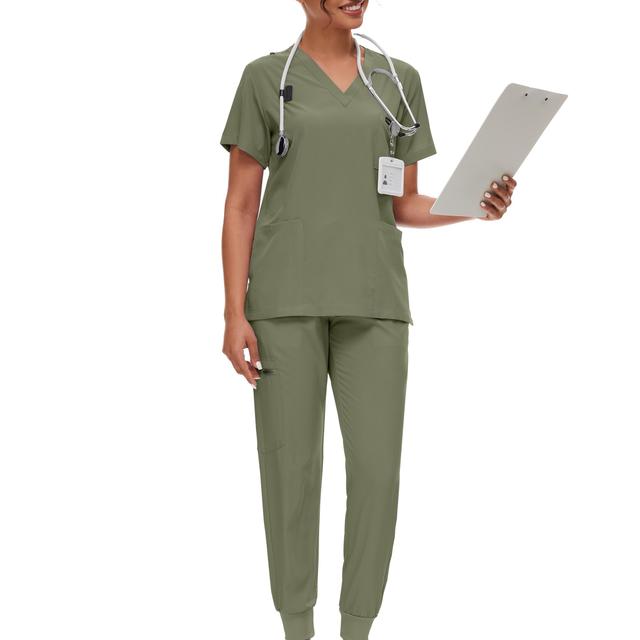 TEMU Women's Scrub Set - Soft, Comfortable V-neck Short Sleeve Top With Pockets & Long Pants, Olive Green Uniform For Healthcare Professionals, Casual Workwear, Casual Workwear | Scrub Top | , Scrubs