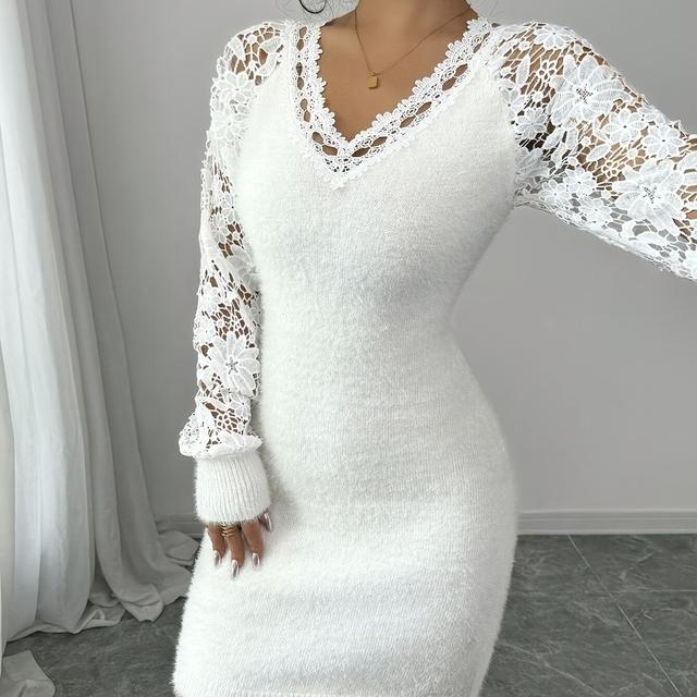 TEMU Elegant Women's Lace-insert V-neck Long-sleeve Sweater Dress