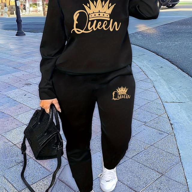 TEMU 1 Set Women's Casual Polyester Two-piece Loungewear, Crew Neck Sweatshirt & Pants With Letter Print, Knit Fabric Alphabet Pattern Outfit