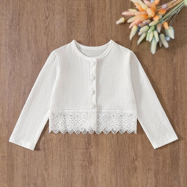 TEMU Cardigan court tricoté pour filles, haut à manches courtes avec volants, dentelle et boutons, chemise pour toutes , idéal châle décontracté