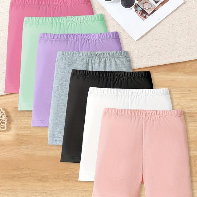 TEMU 7pcs Girls' Summer Solid Color Knit Stretch Leggings, Casual Comfortable Shorts For Dance Yoga Running