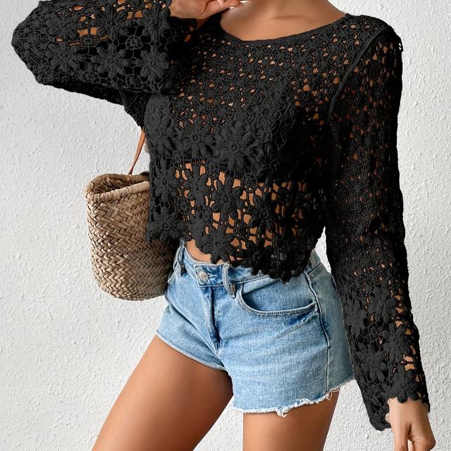 TEMU A Bohemian-style Openwork Women's Cover-up With Lace Embroidery, Featuring A Round Neck And Long Sleeves, Designed For Beach, Seaside Vacation, Travel, Leisure, And