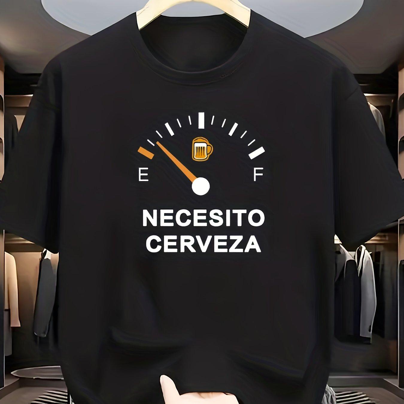 TEMU Camiseta de manga corta con estampado frontal de una aguja de indicador de combustible apuntando a "cerveza vacía" y el texto en español "NECESITO CERVEZA". El diseño lleno de diversión y