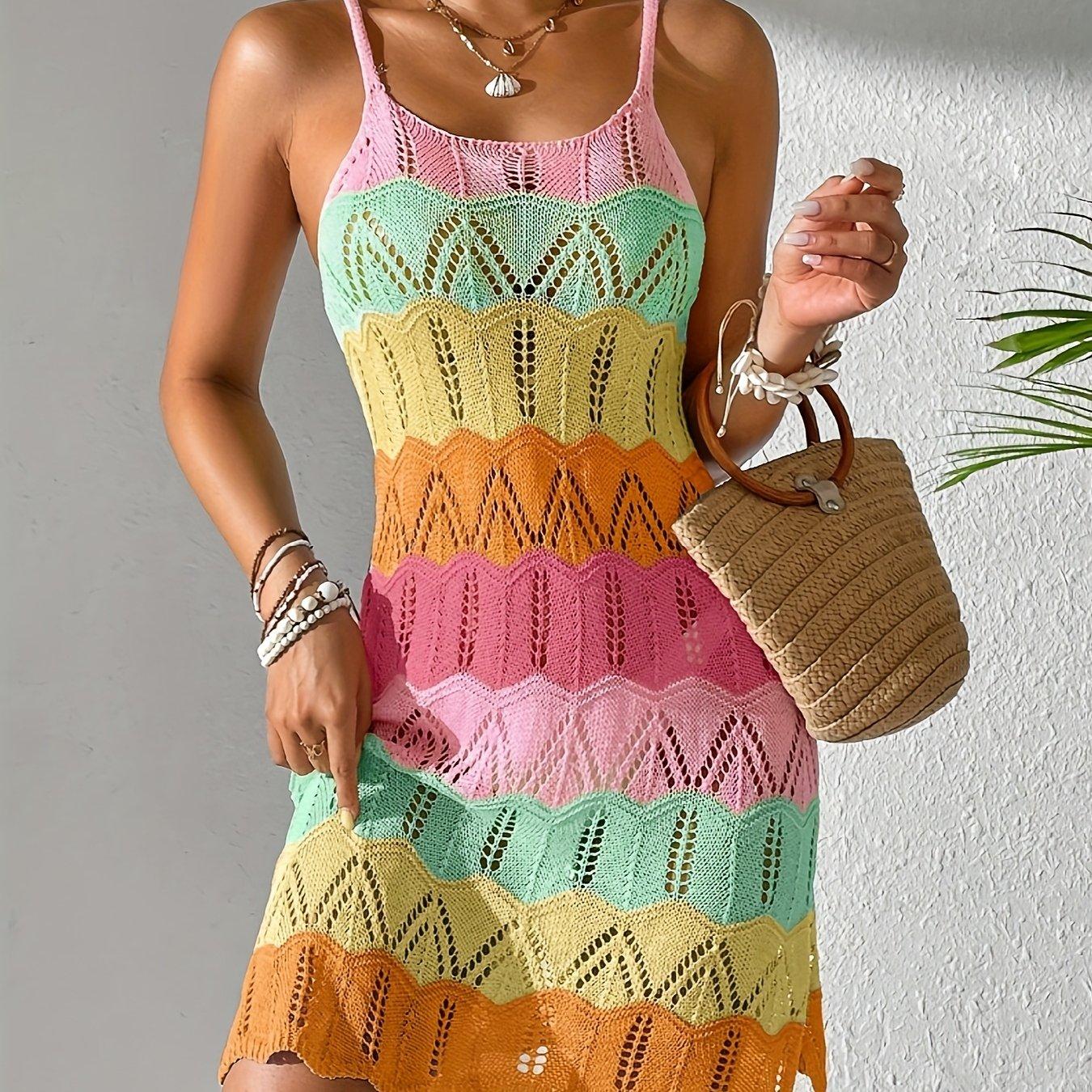 TEMU Vestido de crochet sin para mujer, a rayas con de color, para festival de , playa y vacaciones