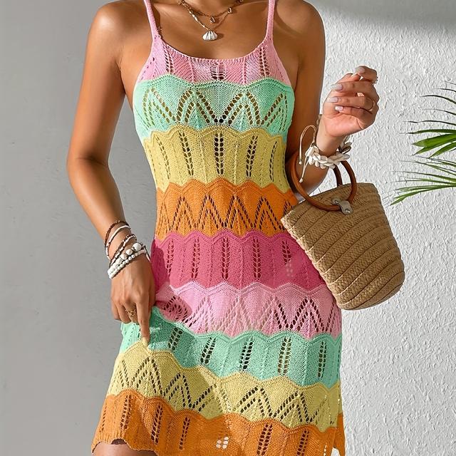 TEMU Vestido de crochet sin para mujer, a rayas con de color, para festival de , playa y vacaciones