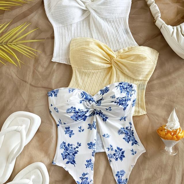 TEMU Y2k Women's Vacation Set: Blue Flowers, Light Yellow Texture, , Multi-piece