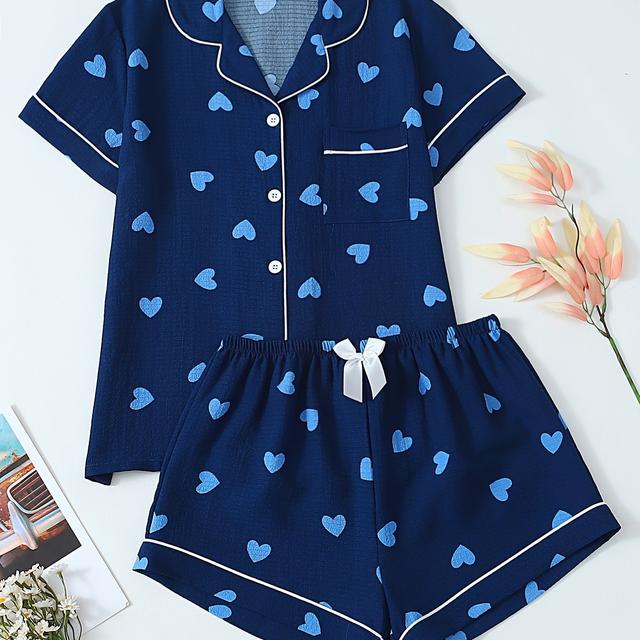 TEMU Conjunto de pijama de manga corta para jóvenes con estampado de corazones, para adolescentes