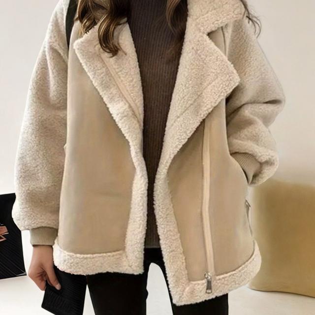 TEMU Women's Winter Lamb Fleece Jacket With - Collar & Pockets - Short Coat For Jeans Dresses, Outerwear Layering, Hand Washable Cold Weather Blazer (no Bulk Under Jacket) - Lamb Fleece Outerwear