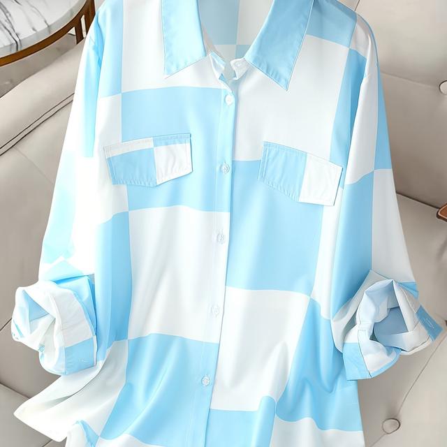 TEMU Plus Size, European And Size Women's Fashion Trendy Large Check Print Elegant Ladies Shirt Top