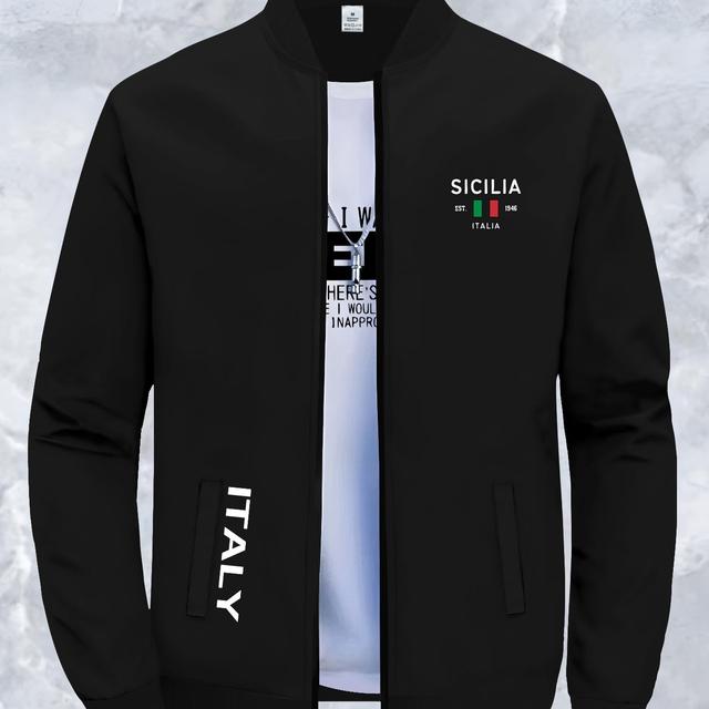 TEMU 1pc Print Men's Fashion Casual Polyester Jacket With Stand Collar, Slight Stretch Knit Fabric, Zipper Closure, Pockets, Skinny Fit For Fall/winter