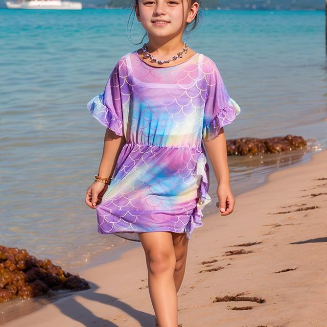 TEMU Дитячий пляжний костюм з накидкою з оборками та омбре дизайном русалки