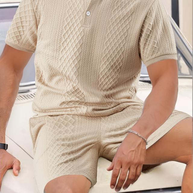TEMU Zweiteiliges Set, Herren Sommer Outfit, Jacquard, Rundhals Kurzarm, Shorts mit Kordelzug, Hochwertiger Stoff, Freizeit Set