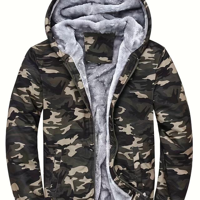 TEMU Men's Casual Camouflage Hooded Jacket, 100% Polyester Warm Fleece-lined Zip-up Sweatshirt For Fall/winter, Fleece Lined Hoodie