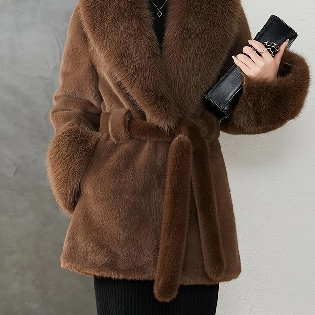 TEMU معطف شتوي نسائي بقلب كبير وحواف صناعية وحزام ربط