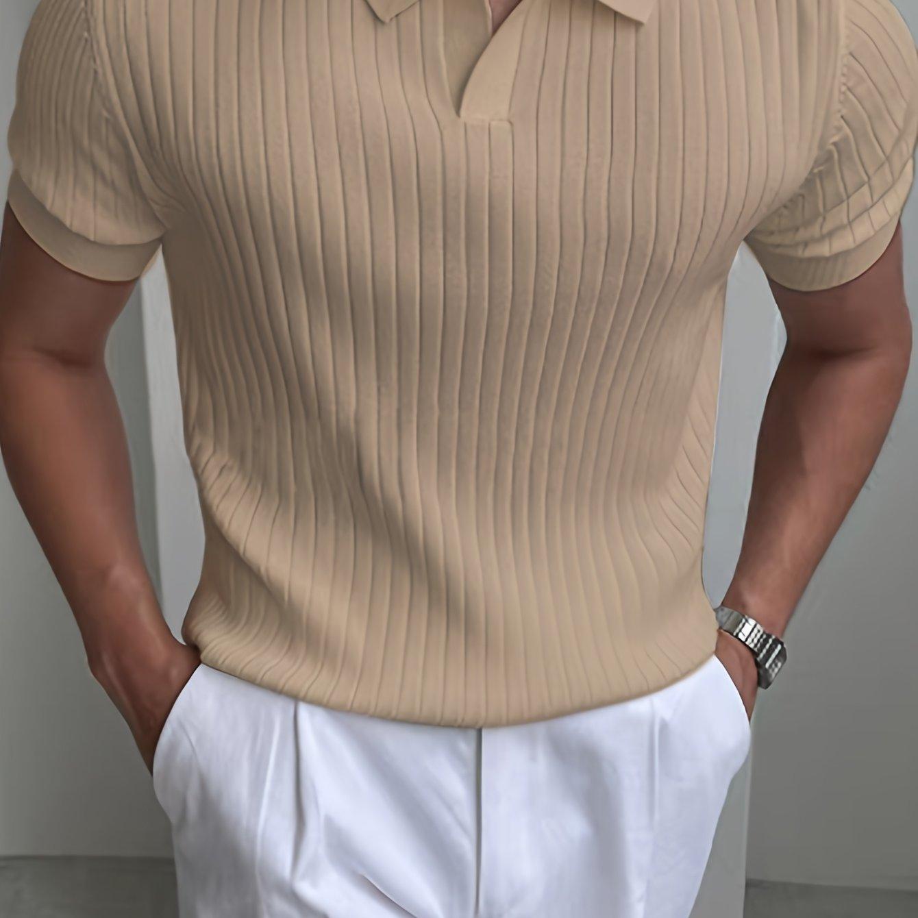TEMU Cross-border Men's Small Pitted Striped Short Sleeve Shirt Knit Sweater