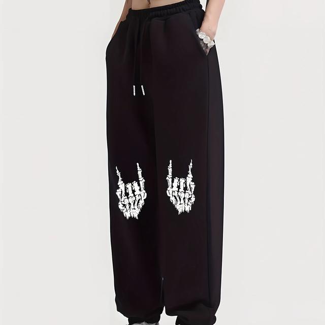 TEMU レディース ブラック ルプリント ジョガー - ルーズフィット デザイン、ドロー ウエスト、四季対応、快適な着心地