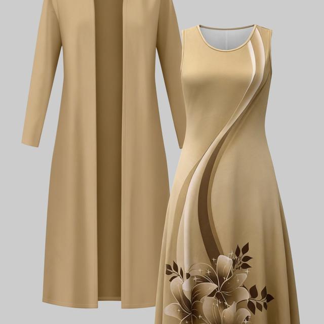 TEMU Women's Printed Waist Dress With Comfortable Long Cardigan 2pcs Set, Fashionable And Elegant Skirt Set