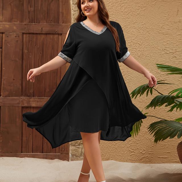 TEMU Plus Size Elegant Party Dress, Women's Plus Colorblock Glitter Trim Mesh Cut Out Sleeve V Neck Asymmetrical Hem Evening Dress
