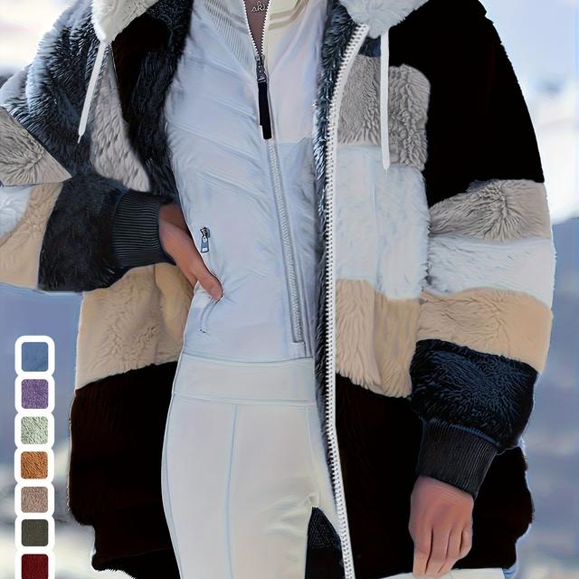 TEMU Plus Size, Warm Plush Zip Pocket Hooded Loose Jacket For Women