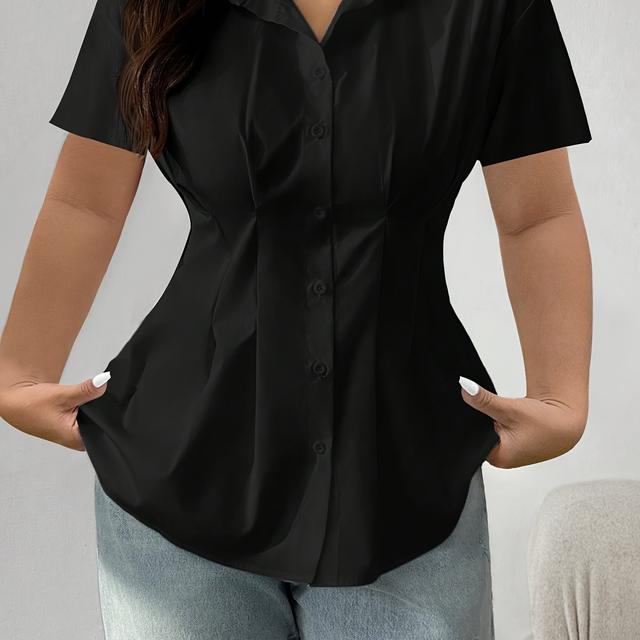 TEMU Plus Size - Designed Long-sleeve Shirt With Button, Featuring A Fitted Waist And In Solid Colors For A Casual Look