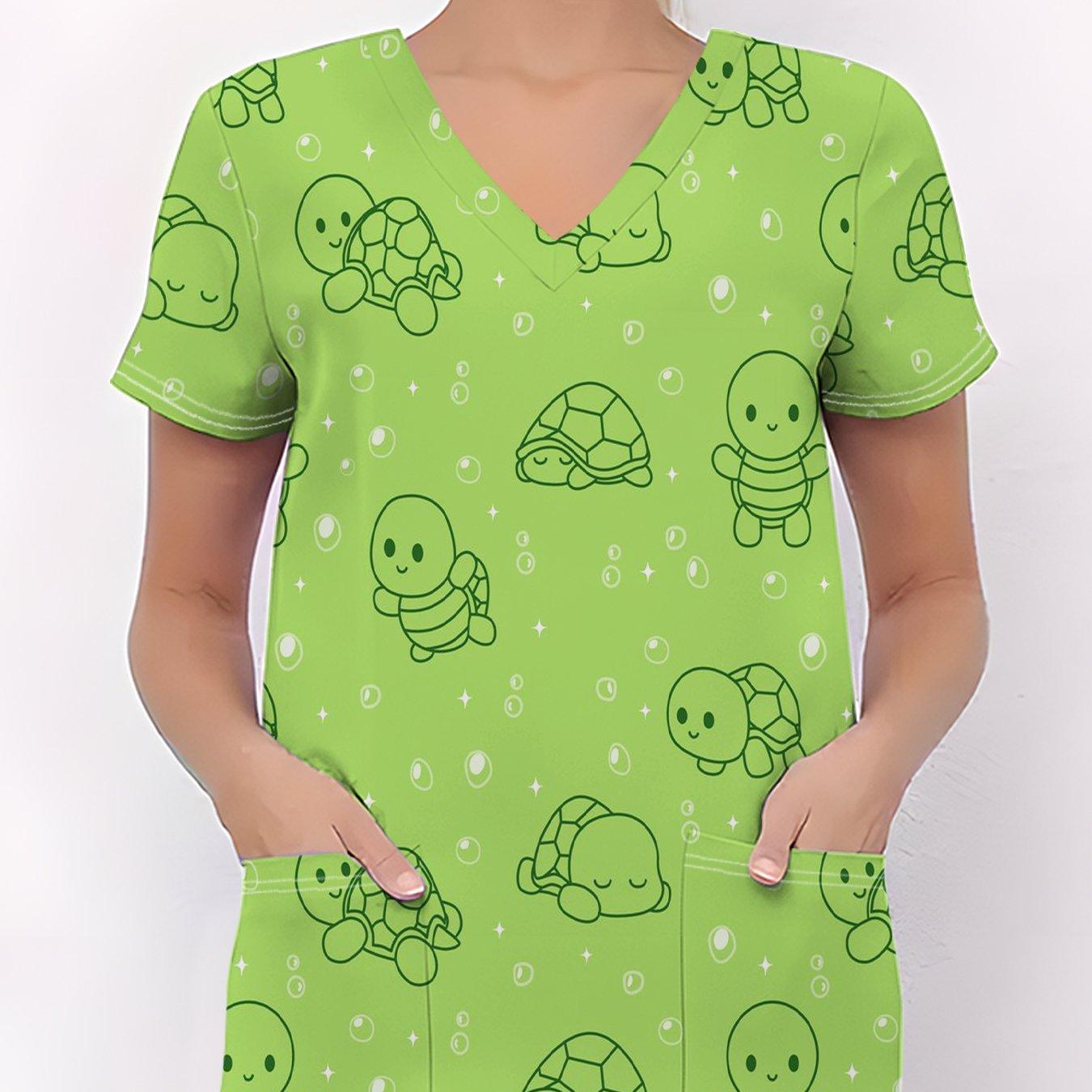 TEMU Uniforme de enfermera de manga corta con cuello en V para mujer, con bolsillos | Estampado de dibujos animados, estilo transpirable e casual, tejido para todas
