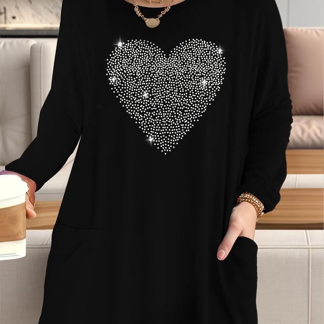TEMU Plus Size Women's Casual Long Sleeve T-shirt With Rhinestone , Side Pockets, Stretchy Fabric & Round Neck - Machine Washable , Ladies T Shirts, Versatile Fashion, Durable