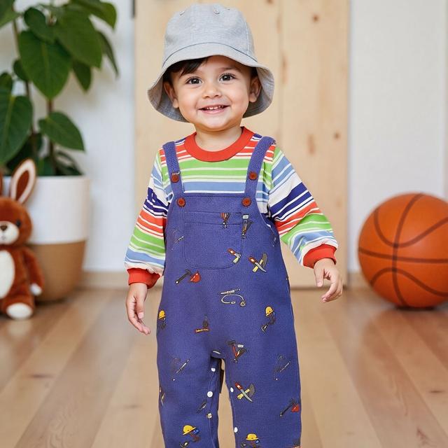 TEMU Boys' Spring/autumn Striped Fashion Versatile Long Sleeve + Cartoon Overalls Outerwear Party 2pcs Set, Perfect For Outdoor