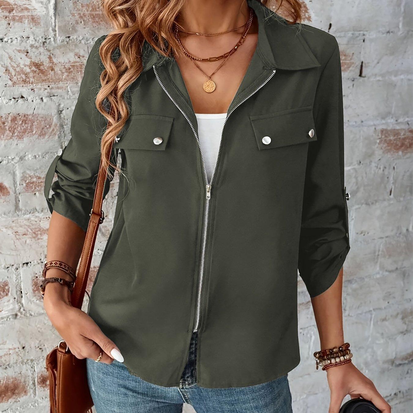 TEMU Plus Size, Plus-size Women's Fashionable Casual Jacket With Front Zipper Closure, Button Embellishments, And Adjustable Cuffs With Snap-button Tabs For Sleeve Length