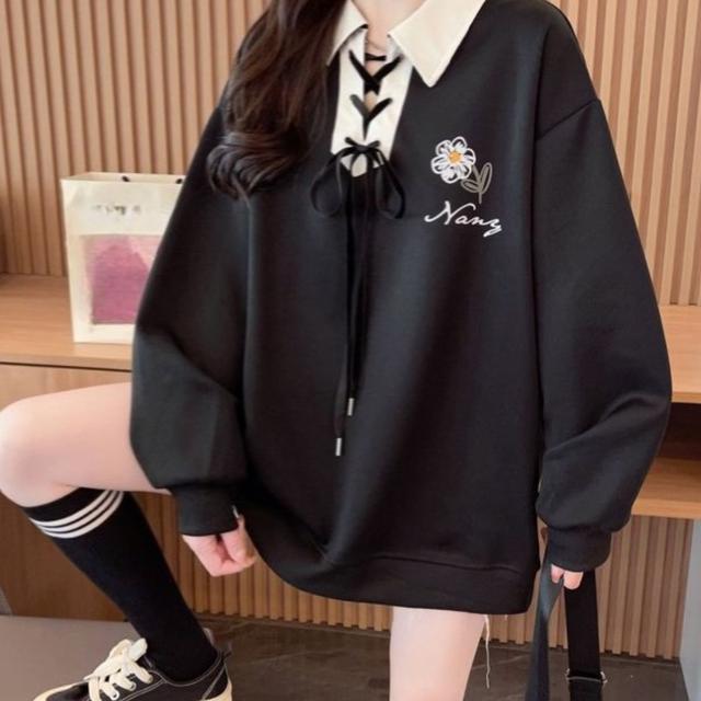 TEMU レディース カジュアル クルーネック スウェットシャツ - アメリカンスタイル、タイフロントディテール、ルプリント、ゆったりフィット、洗濯機対応、春/秋必須アイテム、ベージュのグリーンカラー＆カフス、快適素材、カジュアルウェアに最適