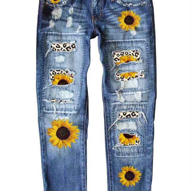 TEMU Plus Size Women's Straight Leg Pants Sunflower Print - 7/8 Long Slim Casual Pants For Hand Washing
