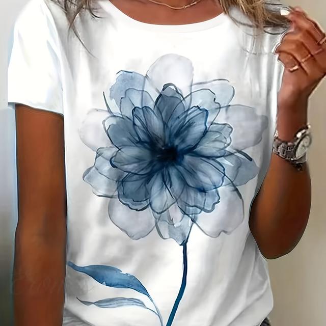 TEMU T-shirt vintage com estampa floral para mulher - , decote , estiramento , ajuste regular, top casual de verão com design de flores azuis e brancas, blusa com estampa floral