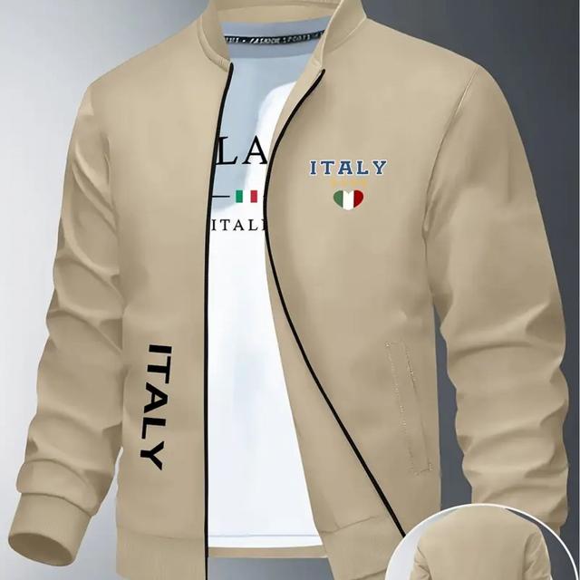TEMU سترة بيسبول للرجال بتصميم إيطالي - ملابس خارجية رياضية عارضة مع إغلاق بسحاب، بطانة من البوليستر، وجيوب لفصل والخريف، ملابس عارضة للخريف | سترة بتصميم إيطالي | سترة مبطنة بالبوليستر