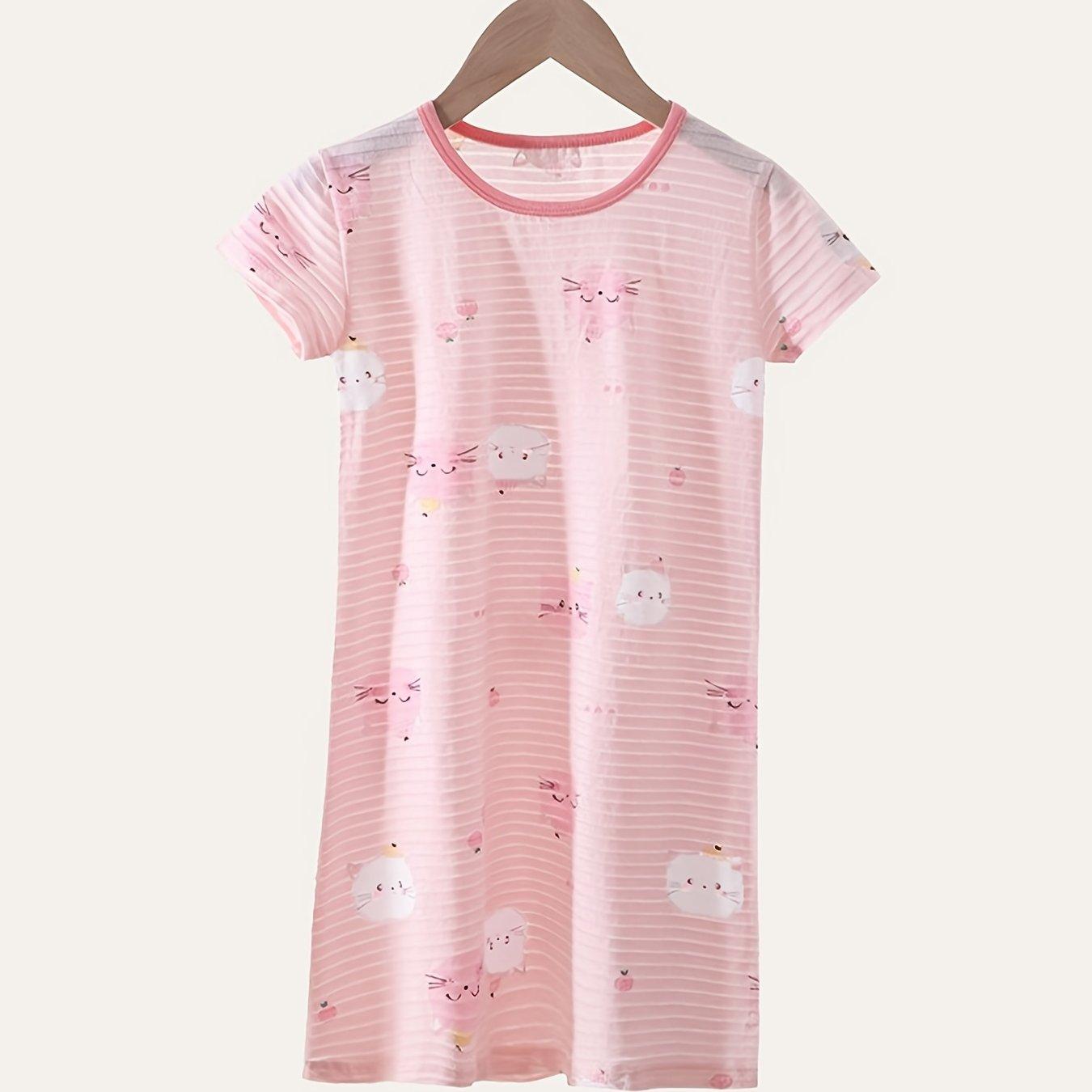 TEMU Pink Cute Kitten Print Short Sleeve Dress For Girls And Boys, Pure Cotton Comfortable Skin- Wear