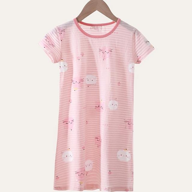 TEMU Pink Cute Kitten Print Short Sleeve Dress For Girls And Boys, Pure Cotton Comfortable Skin- Wear