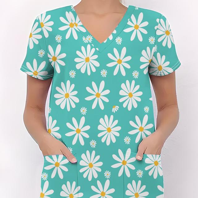 TEMU Camiseta Casual Cómoda para Mujer, Uniforme de Enfermera , Base Fresca con Estampado de Margaritas, Cuello en V y Lindo, Manga Corta, Elegante y Cómoda Camiseta Casual para Mujer