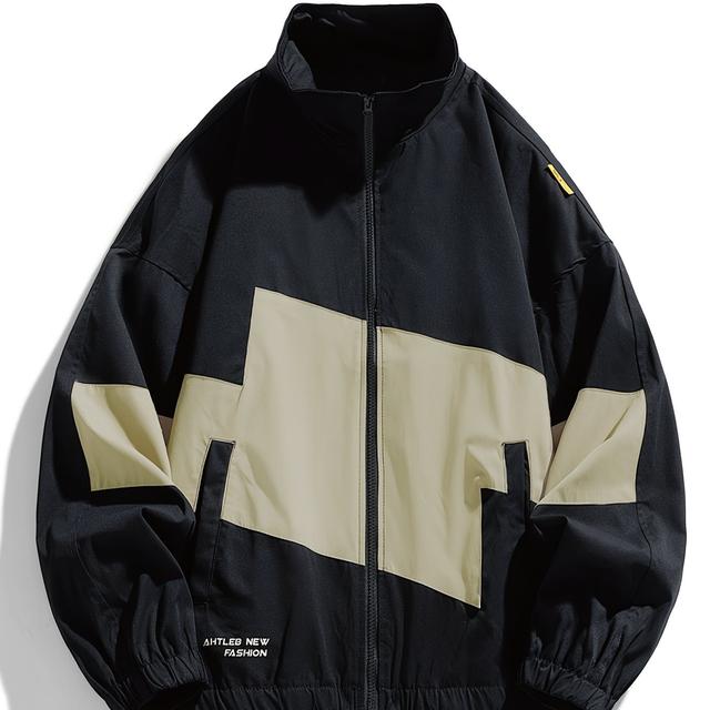 TEMU Men's Casual Jacket With A Stand Collar, Featuring A - For Outdoor Use. This Loose-fitting Outdoor Jacket Has An Independent Letter Print Design, Elastic Cuffs For A