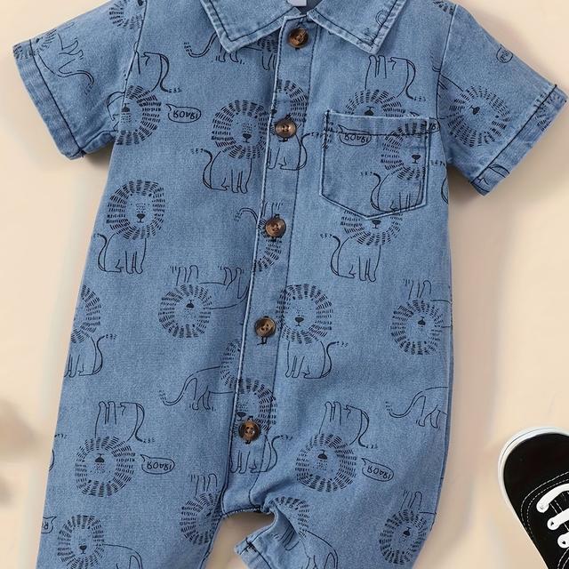 TEMU Combinaison d'été à manches courtes pour bébés garçons avec un imprimé de lion de dessin , un col et une seule rangée de boutons, pour l'extérieur