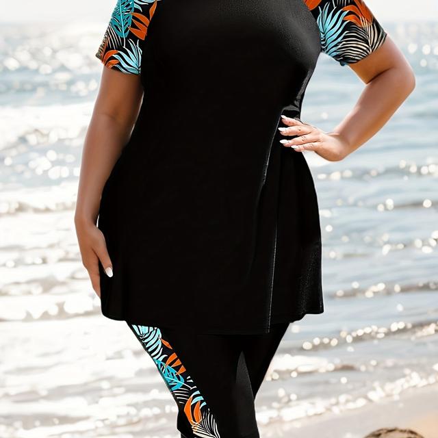 TEMU Two-piece Surfing Outfit With Short Sleeves And -point Pants, Featuring Printed And Solid Colors, Perfect For Beach Vacations And Surfing, In Plus Sizes For Women