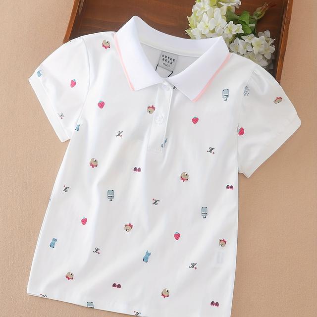 TEMU Girls' British Preppy Style Shirt, New Summer Top For Middle To Older Kids, Lapel Collar Short Sleeve T-shirt With Cute Print
