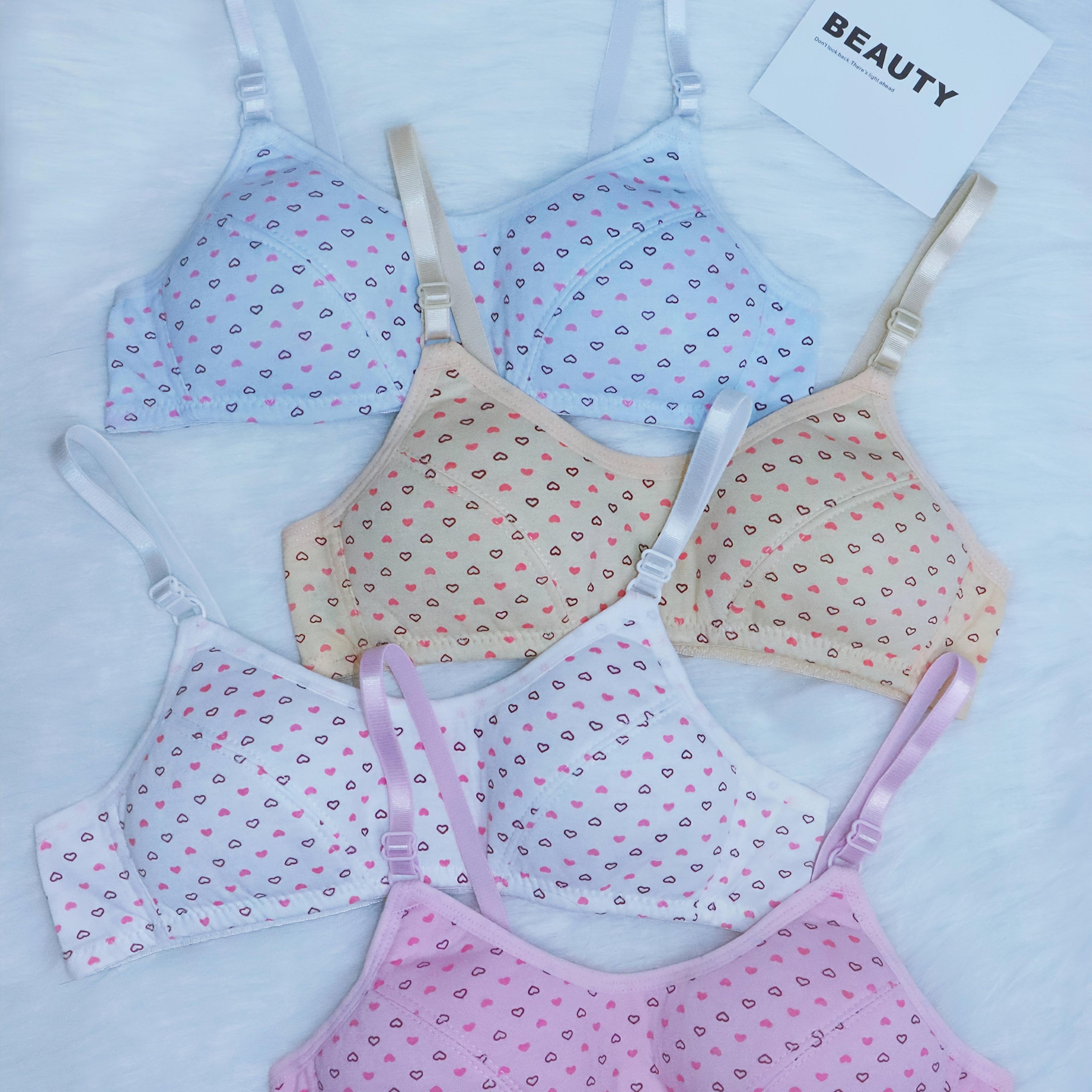 TEMU 4 Two- Heart-shaped Small Floral Print Training Bras For Girls. Comfortable And Breathable Undergarments Feature Adjustable Shoulder Straps And Three-row Back Buckles. Ideal 12, Perfect For Wear