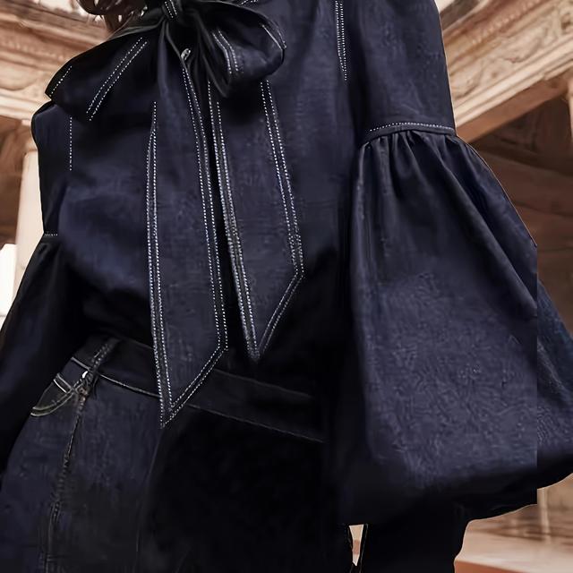 TEMU Elegant Women's Denim Shirt With Large Bow And Lantern Sleeves, Dark Long Tie, Fashionable Plus Size Top For Comfortable Commuting