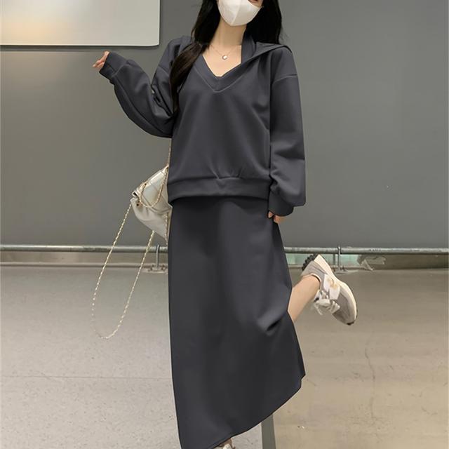 TEMU レディースドレスセット、ファッショナブル、カジュアル、ルーズフィット、多機能、長袖、フード付きロングドレス、春秋向け