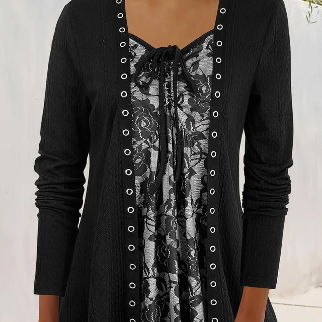 TEMU Oberteil mit Blumenmuster und Tunnelzug, 2-in-1-Look, lässiges Langarmshirt mit Ösendekor für Frühling und Herbst, Damenbekleidung