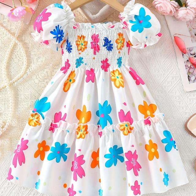 TEMU Girls' Floral Print Smock Dress With Puff Sleeves & Hem - Vibrant, Pink, Orange, Yellow, Green, Purple, & Floral Pattern