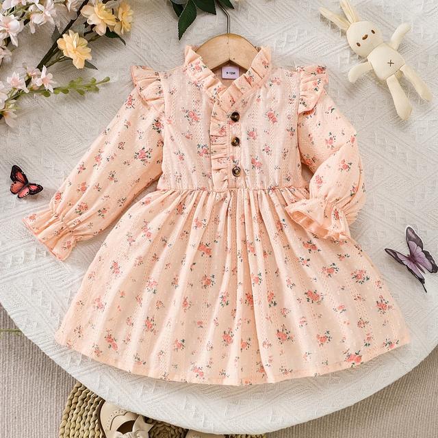 TEMU 1pc Baby Girl Floral Ruffle Pure Long Sleeve Dress