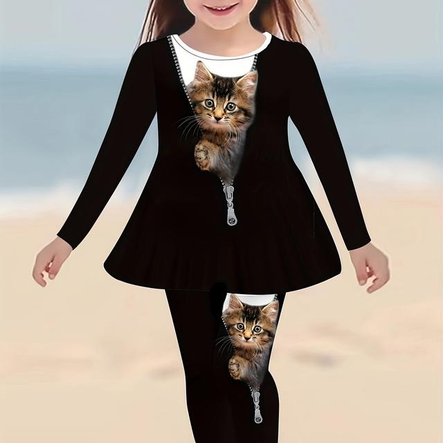 TEMU 3d Printed Cat Pattern Round Neck Long Sleeve Dress + Pants Set For Kids, Wear, Outdoor