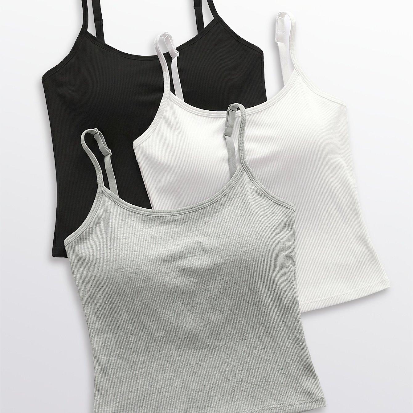 TEMU 3pcs Women' Color Threaded Strap Crop Top With Padded Bralette, Thin Style Casual Sexy Navel-baring Camisole